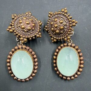 Stephen Dweck 2" Clip-On Drop Earrings Bronze Granulation & Green Cabochons 925